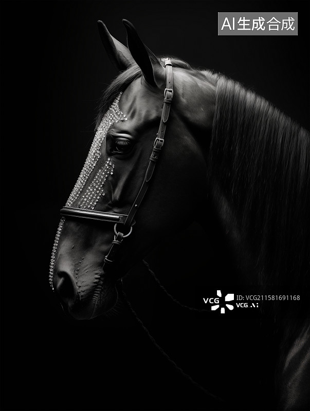 【AI数字艺术】黑色背景上美丽的黑色种马的肖像,图片素材