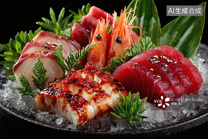 【AI数字艺术】冰块保鲜的日料，美味的刺身图片素材