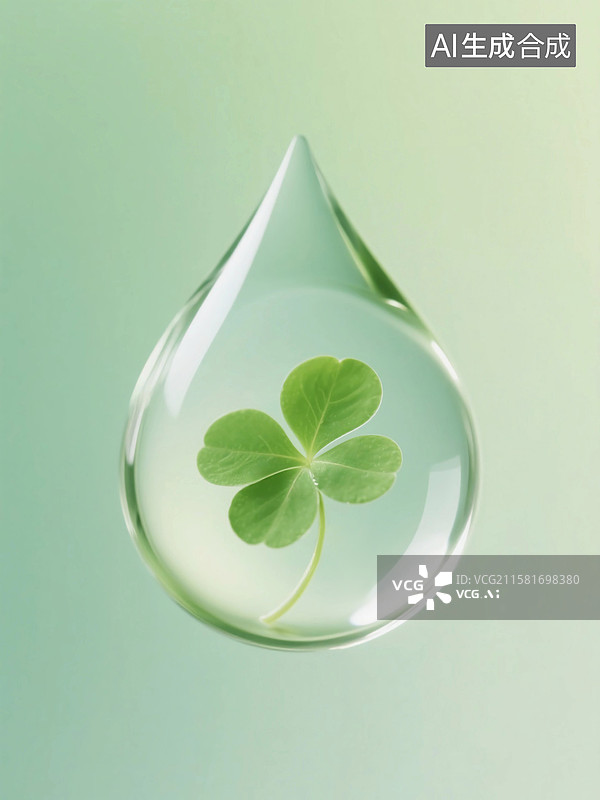 【AI数字艺术】透明水滴中的积雪草图片素材