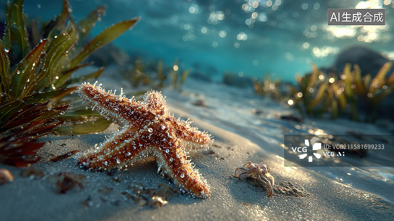 【AI数字艺术】沙滩上的海星与水草图片素材
