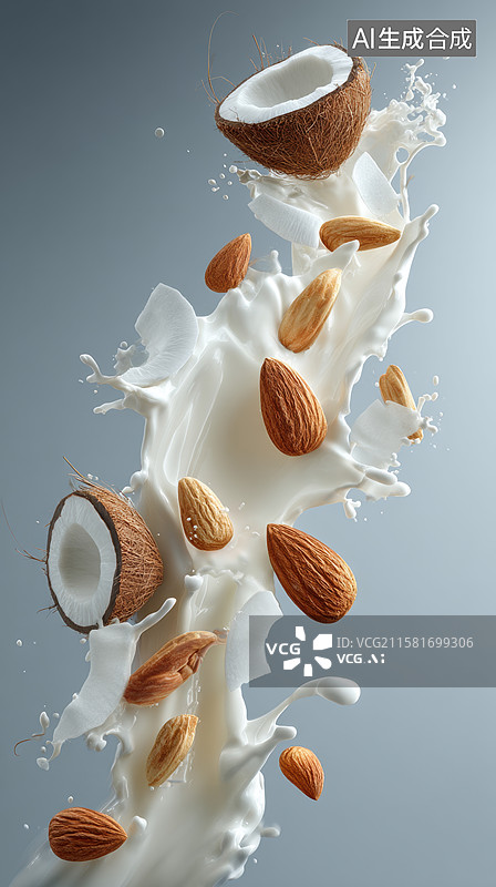 【AI数字艺术】椰子与杏仁碰撞牛奶飞溅瞬间图片素材