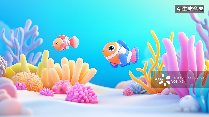 【AI数字艺术】3D卡通梦幻珊瑚礁河鱼类图片素材