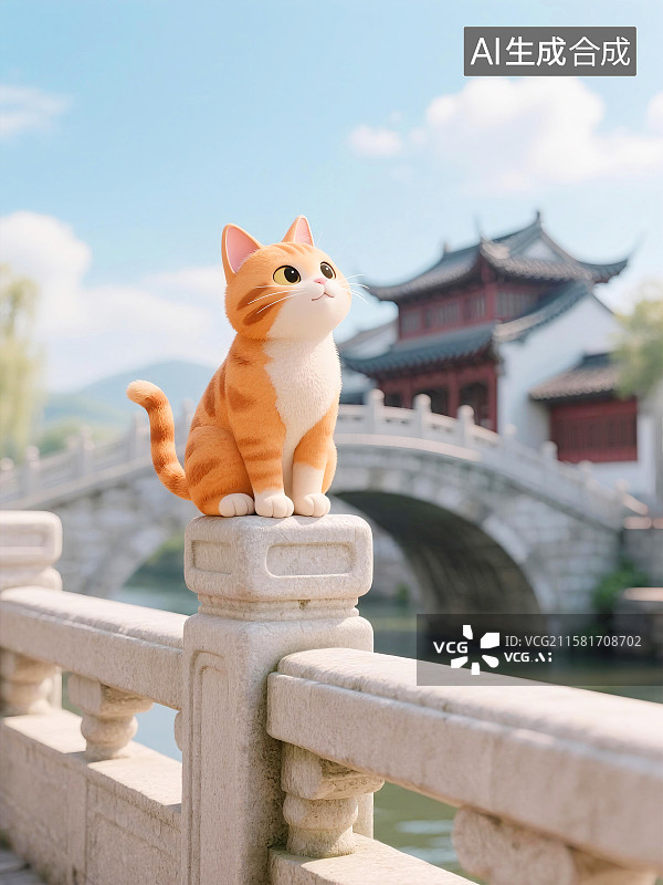 【AI数字艺术】3D桥梁勾阑上的坐着的橘猫插画图片素材