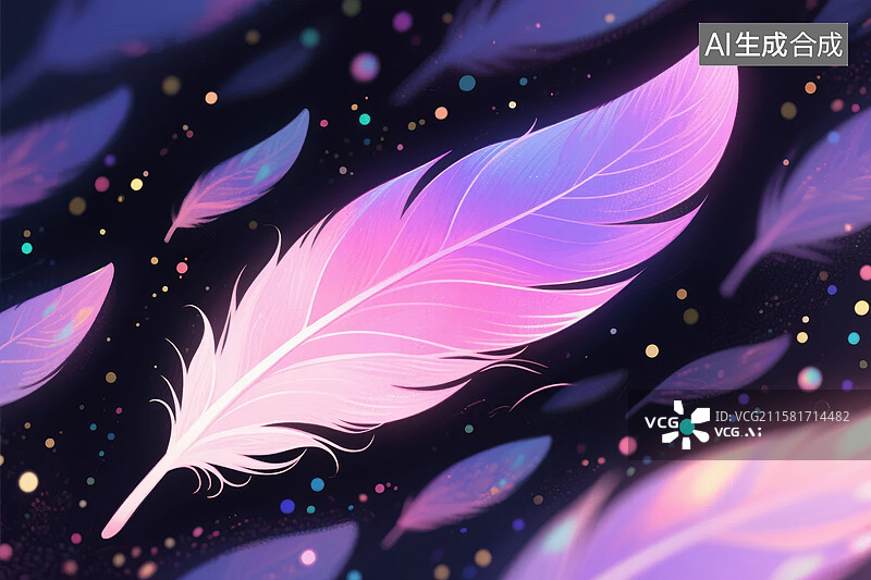 【AI数字艺术】梦幻紫色羽毛在星空背景中飘浮图片素材