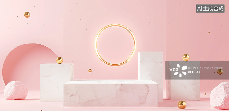 【AI数字艺术】粉色背景下的几何形状与金色装饰图片素材