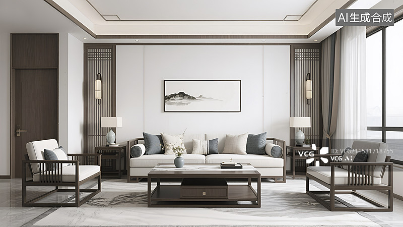 【AI数字艺术】中式客厅样板间图片素材