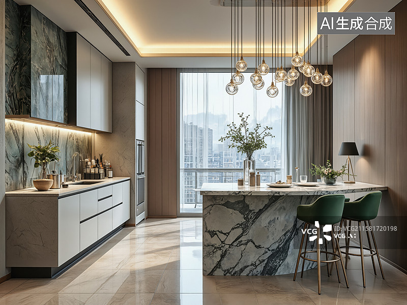 【AI数字艺术】现代厨房与吧台图片素材