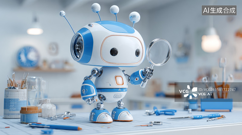 【AI数字艺术】机器人在桌面上用放大镜观察图片素材