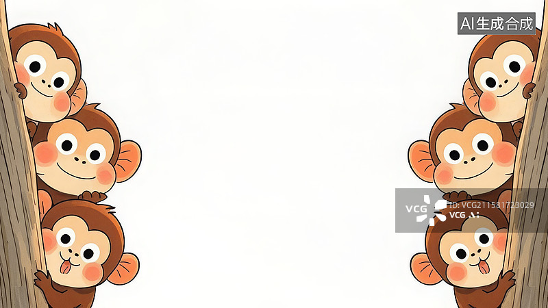 【AI数字艺术】装饰边框2D卡通背景，可爱的猴子，两侧图片素材