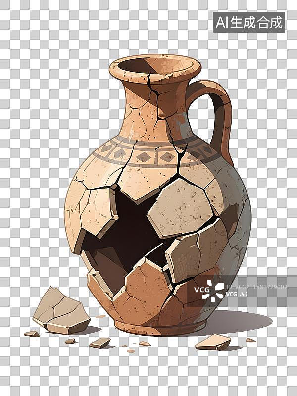 【AI数字艺术】古老的破碎花瓶 考古 陶器 壶 裂缝 插画 白底图片素材