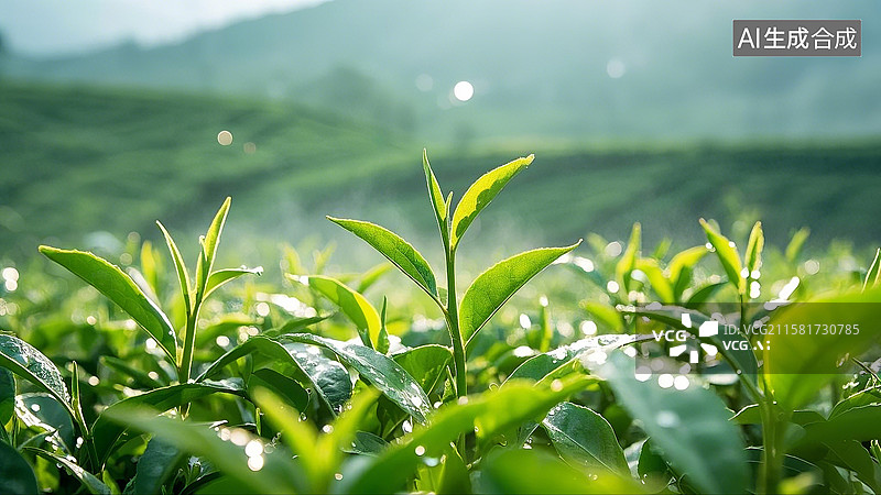 【AI数字艺术】清晨山间茶田与茶苗嫩叶特写图片素材