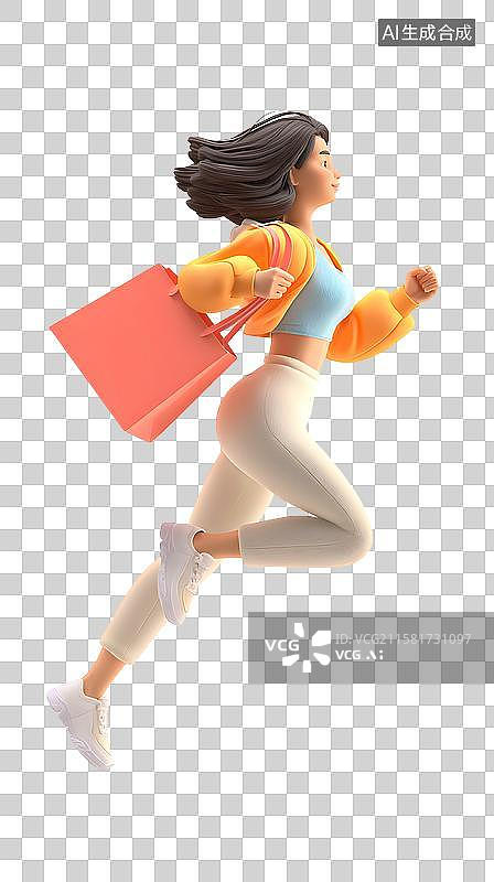 【AI数字艺术】3D购物少女飞奔图片素材