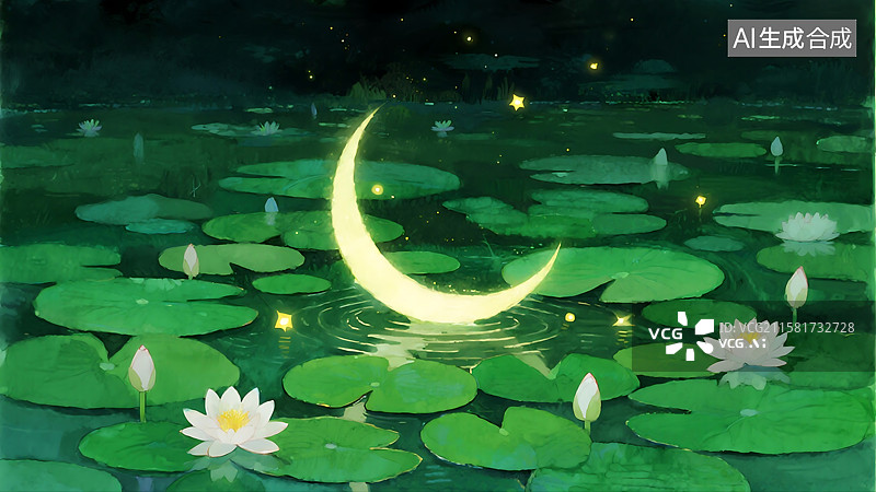 【AI数字艺术】夏季夏天节气背景月亮荷花池塘图片素材
