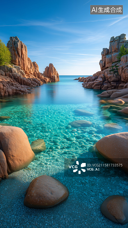 【AI数字艺术】清澈海水中的岩石与绿藻图片素材
