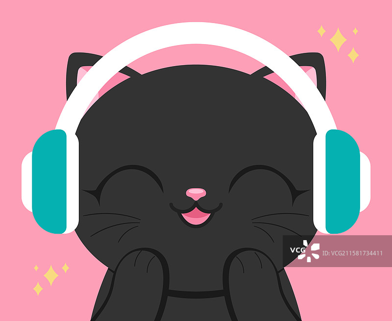 可爱的动漫猫咪戴着耳机，快乐的猫咪图片素材