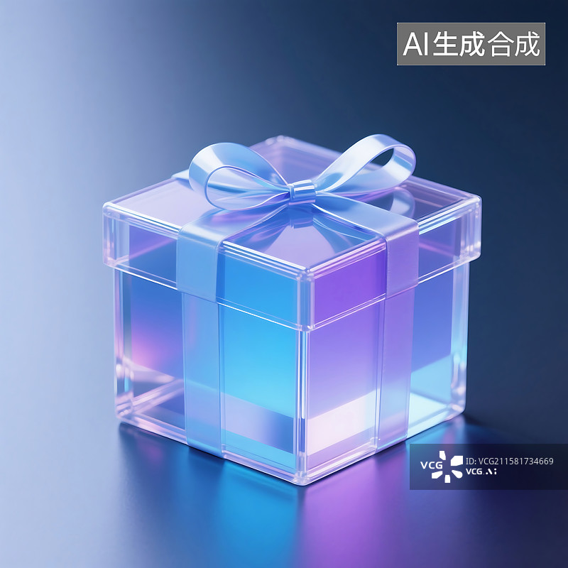 【AI数字艺术】一个透明水晶质感的礼物盒子3D三维渲染素材图片素材