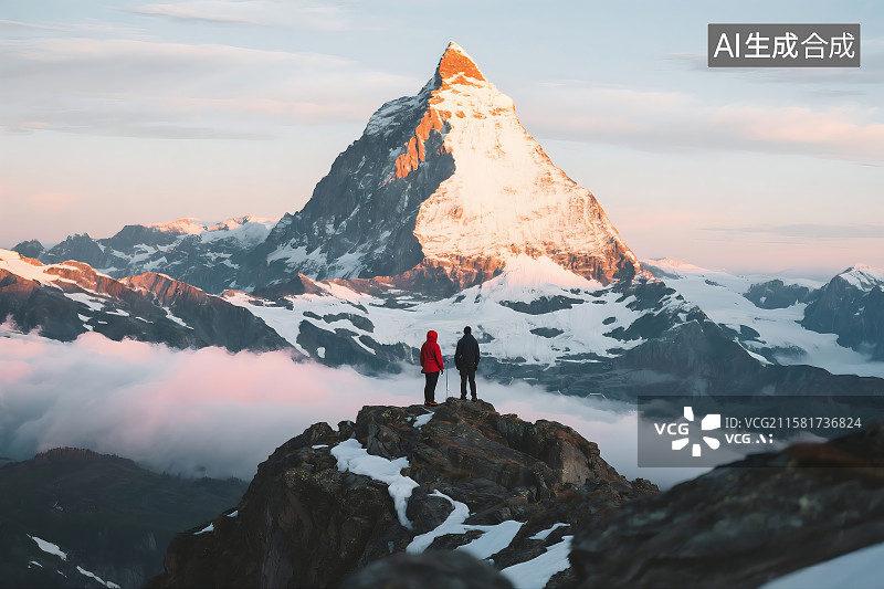 【AI数字艺术】两名登山者站在雪山之巅 徒步越野探险 极限运动登山 户外运动 攀登 冰川 探险 广告宣传背景图片素材图片素材