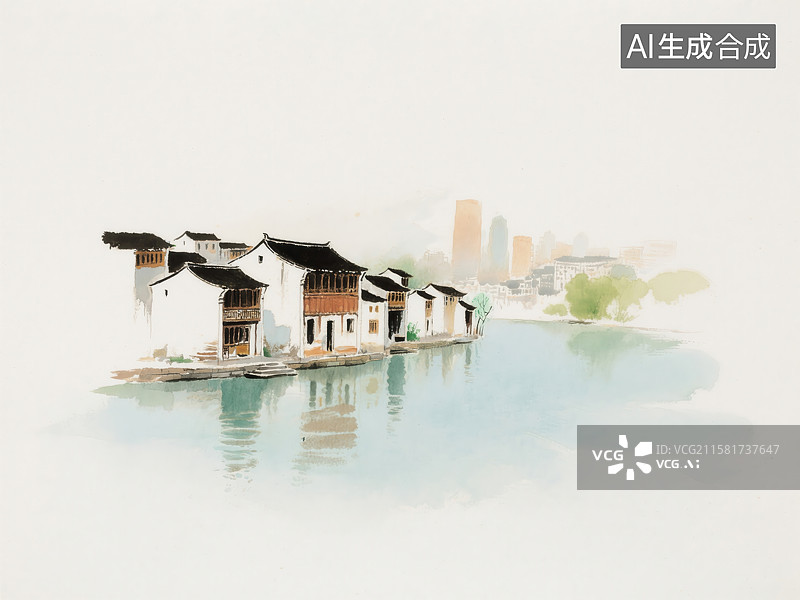 【AI数字艺术】水墨江南古今交融意境画图片素材