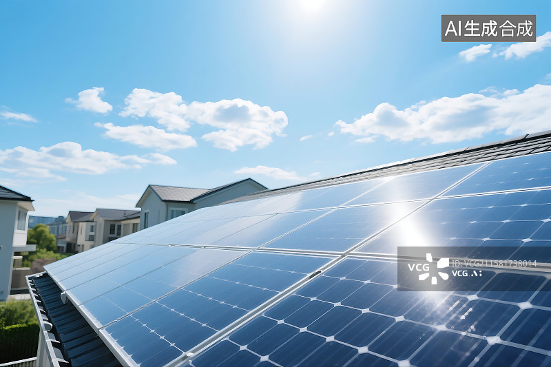 【AI数字艺术】夕阳下屋顶的太阳能光伏板 太阳能板 光伏发电 光伏电站 发电 新能源 未来科技 ESG 可持续发展图片素材