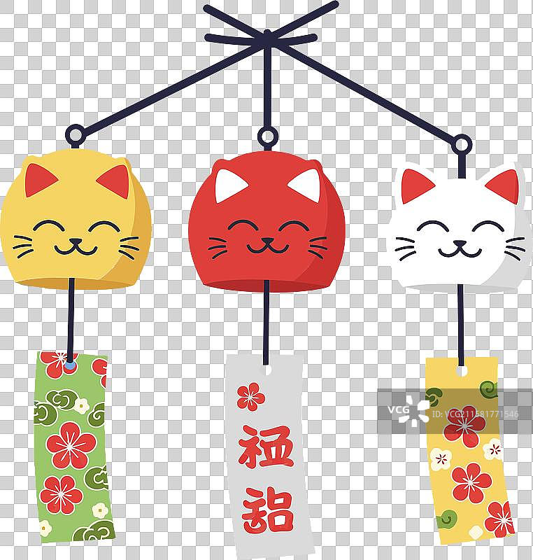 三个微笑的猫咪风铃，扁平设计图片素材