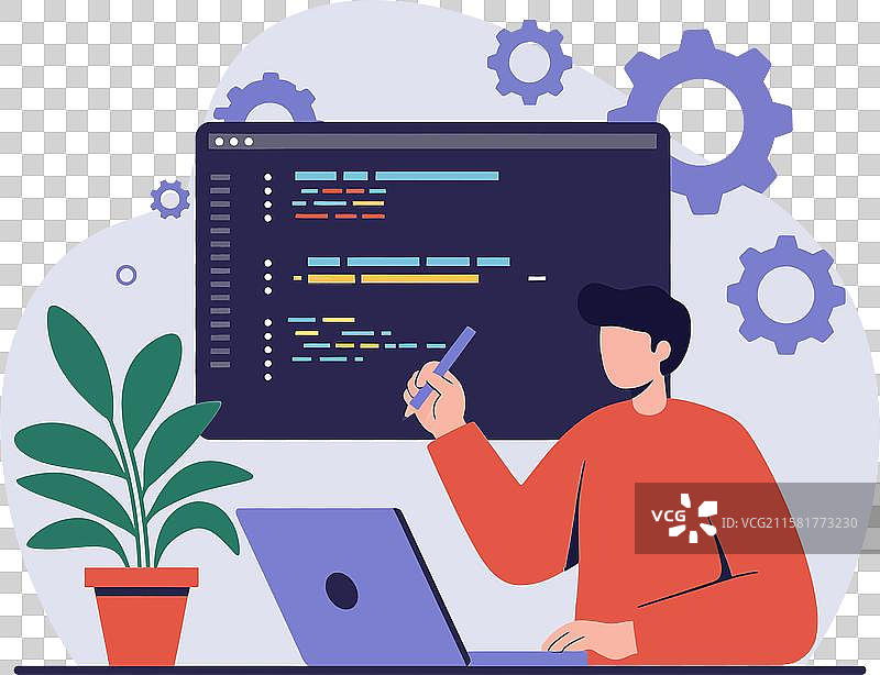 年轻男子在笔记本电脑上编程，旁边有一盆植物图片素材