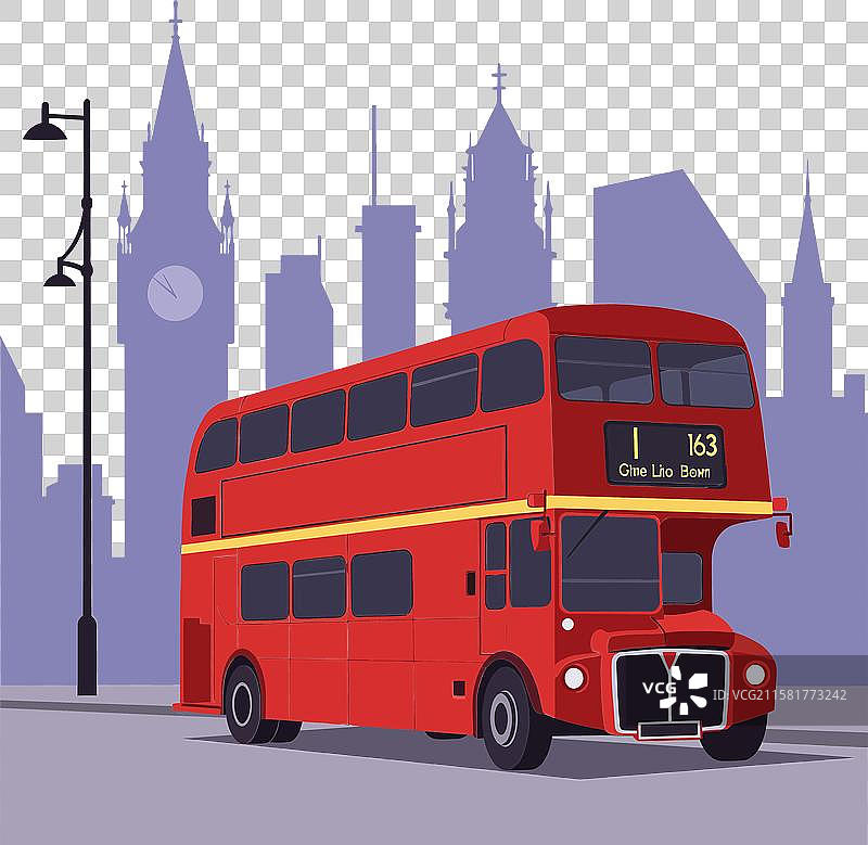 标志性的红色双层巴士，扁平设计风格图片素材