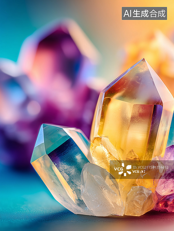【AI数字艺术】彩色的石英水晶晶体特写图片素材