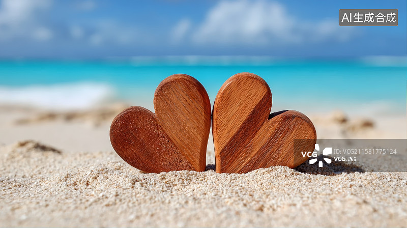 【AI数字艺术】海边沙滩上的爱心，情人节题材，七夕，七夕节图片素材