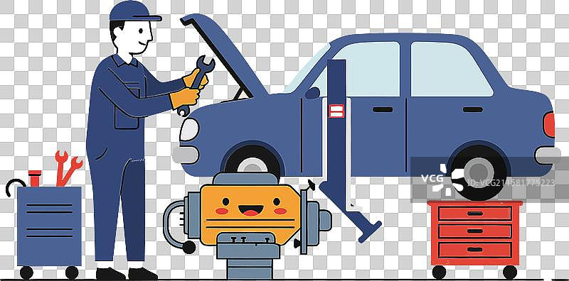 穿着蓝色工作服的机械师正在修理汽车发动机图片素材