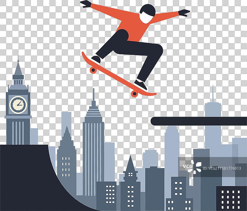 滑板运动员在城市上空跳跃图片素材