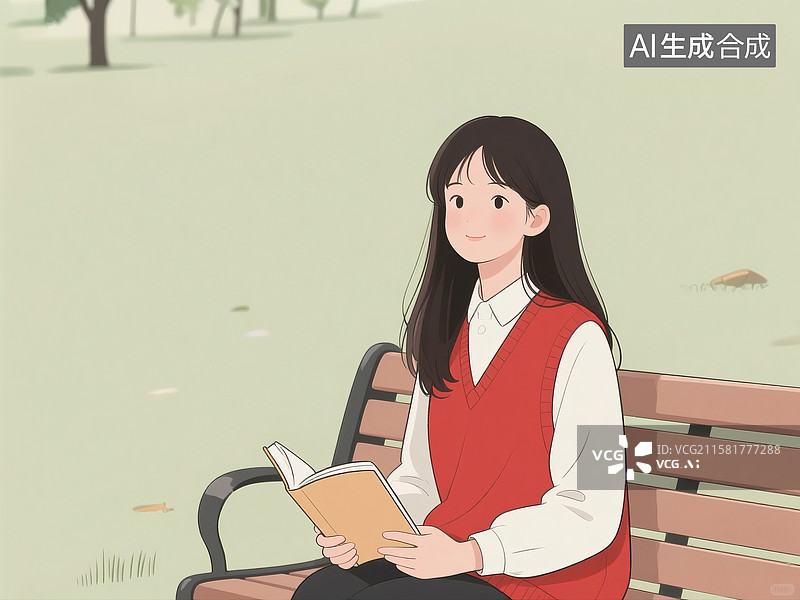 【AI数字艺术】公园长凳上阅读的红马甲长发青年女性图片素材