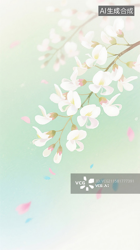 【AI数字艺术】水彩画风格的北方春季槐花场景图片素材