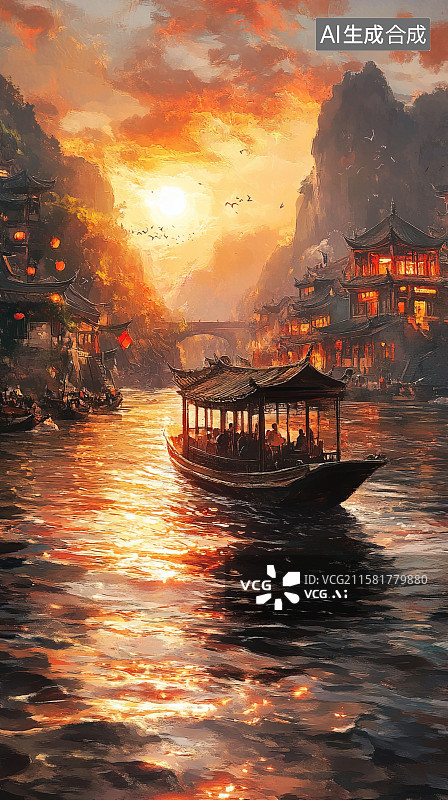 【AI数字艺术】夕阳下的渔村渔船山水自然风光水墨国风背景插画图片素材