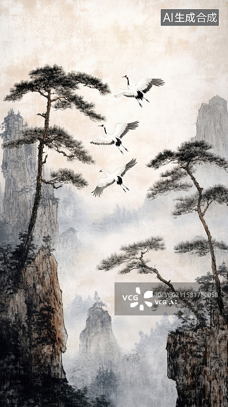 【AI数字艺术】松鹤延年云雾山水仙鹤水墨国风背景插画图片素材