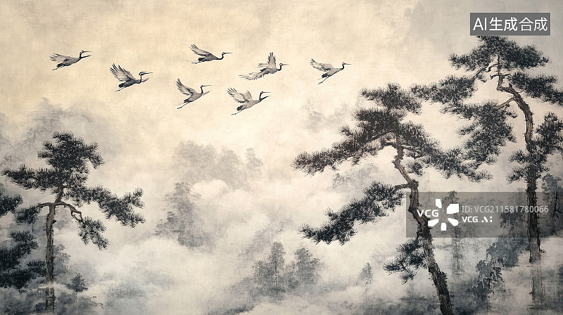 【AI数字艺术】松鹤延年云雾山水仙鹤水墨国风背景插画图片素材