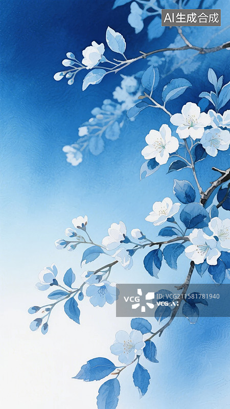 【AI数字艺术】蓝白相间的枝头花朵图片素材