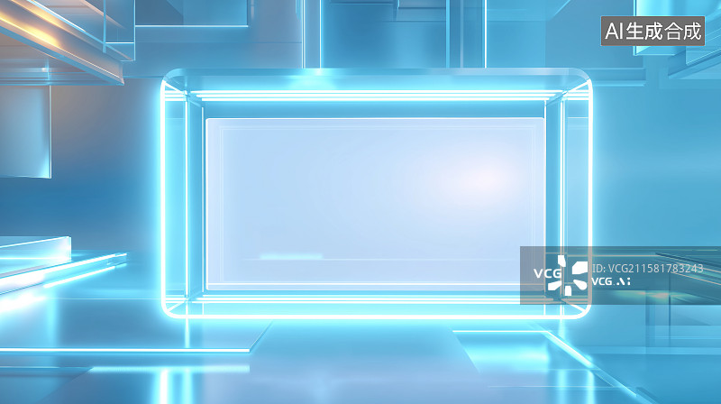 【AI数字艺术】蓝色霓虹灯框的未来科技场景图片素材