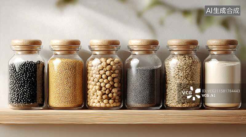 【AI数字艺术】玻璃瓶中的食物豆制品坚果药品图片素材