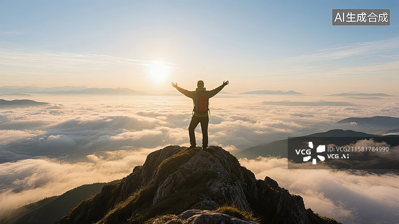 【AI数字艺术】日出时分站在山巅云海上的登山者图片素材