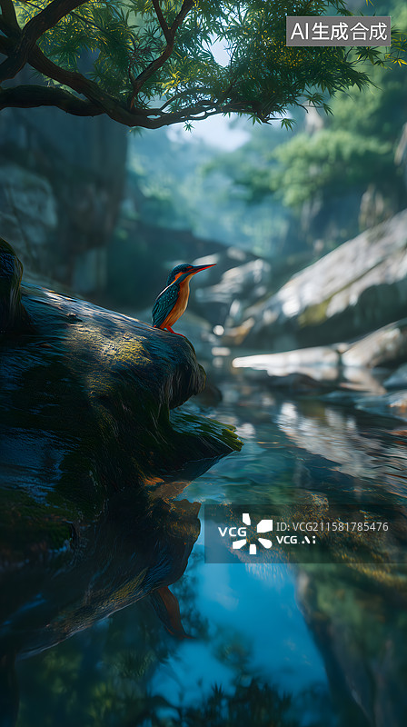 【AI数字艺术】翠影清波戏禽图片素材