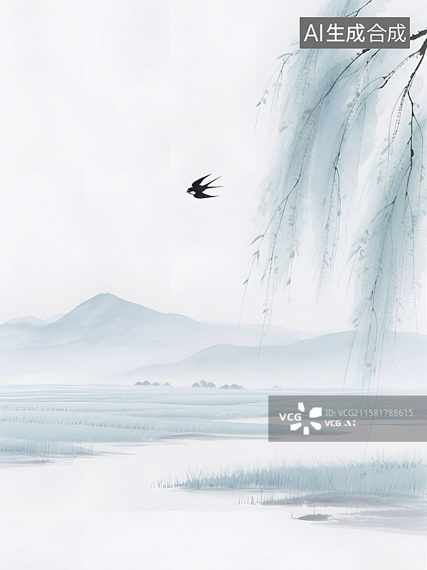 【AI数字艺术】水墨风格春景中飞翔的燕子图片素材