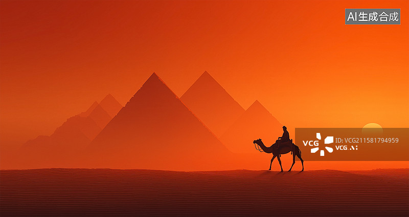 【AI数字艺术】落日余晖中沙漠上行进的驼队插画图片素材