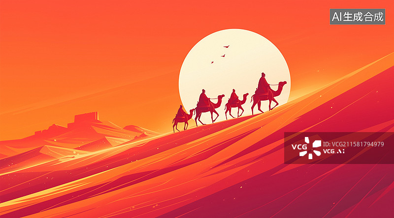【AI数字艺术】落日余晖中沙漠上行进的驼队插画图片素材