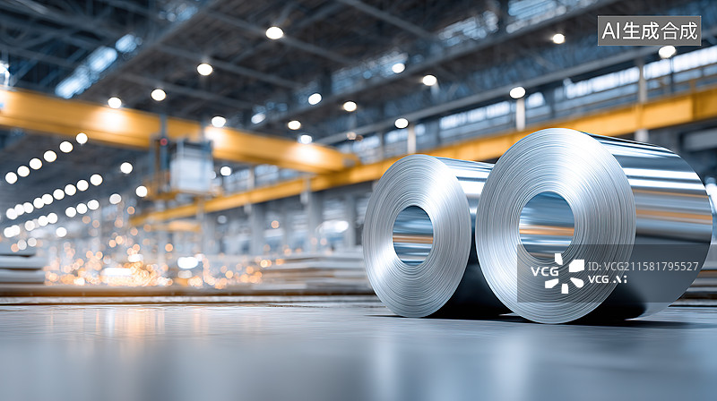 【AI数字艺术】现代工厂车间整齐排列的钢卷特写——制造强国和中国制造2025概念图片素材