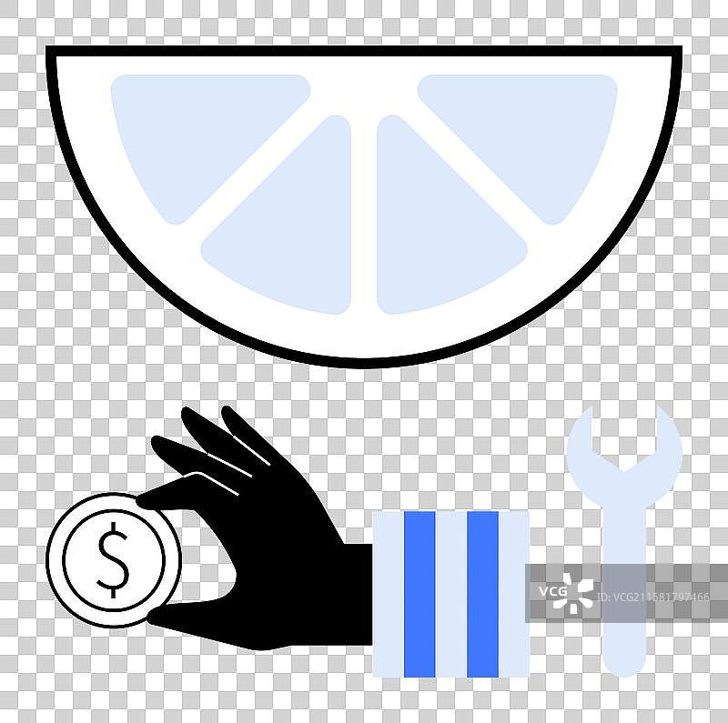 手握硬币、柠檬片和扳手图片素材