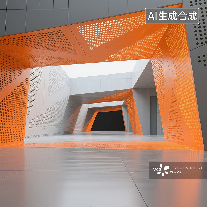【AI数字艺术】橙色穿孔板构成的现代建筑通道图片素材