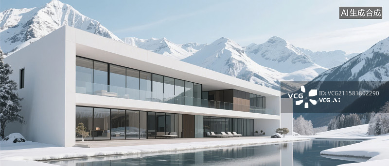 【AI数字艺术】雪山脚下现代建筑与泳池图片素材