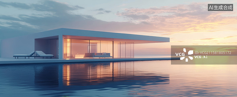 【AI数字艺术】现代建筑临水而建，夕阳映照图片素材