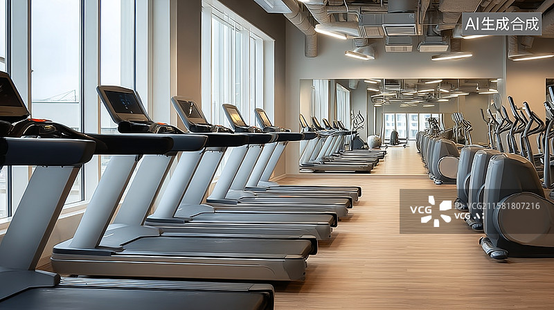 【AI数字艺术】健身房内排列整齐的跑步机图片素材