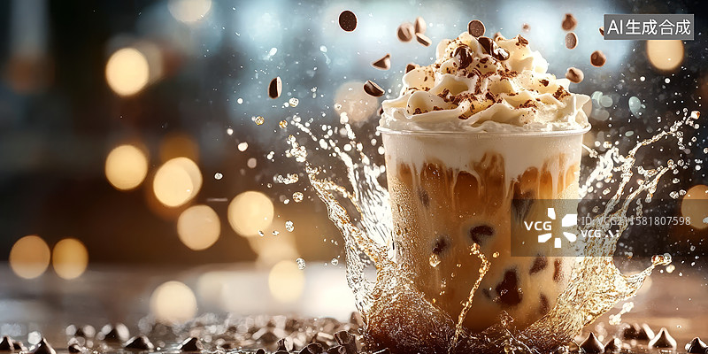 【AI数字艺术】冰爽奶茶，巧克力豆飞溅图片素材